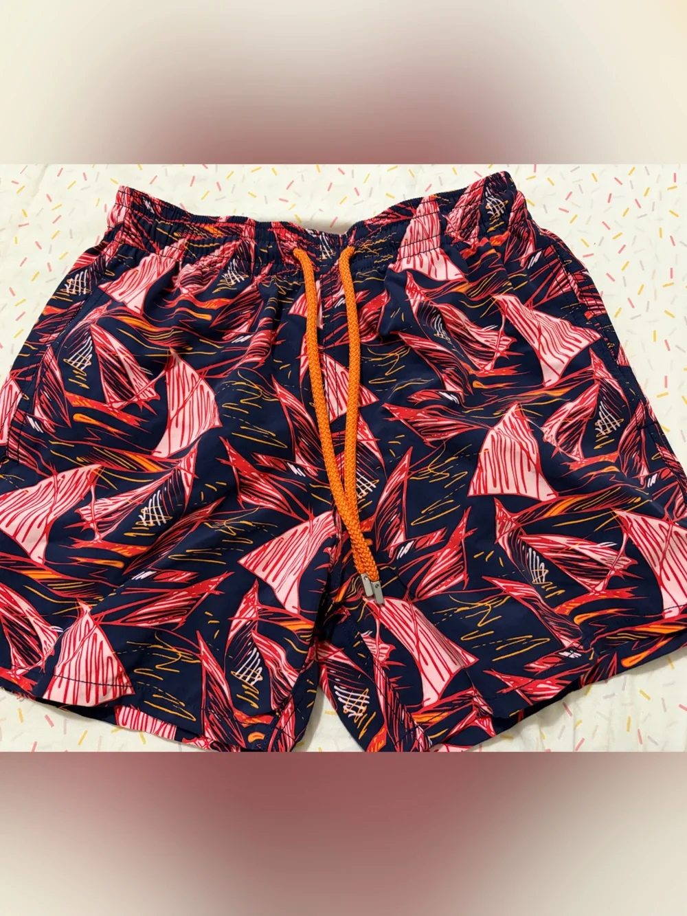 Vilebrequin Navy Swim Trunks with Pink and Orange Pattern
